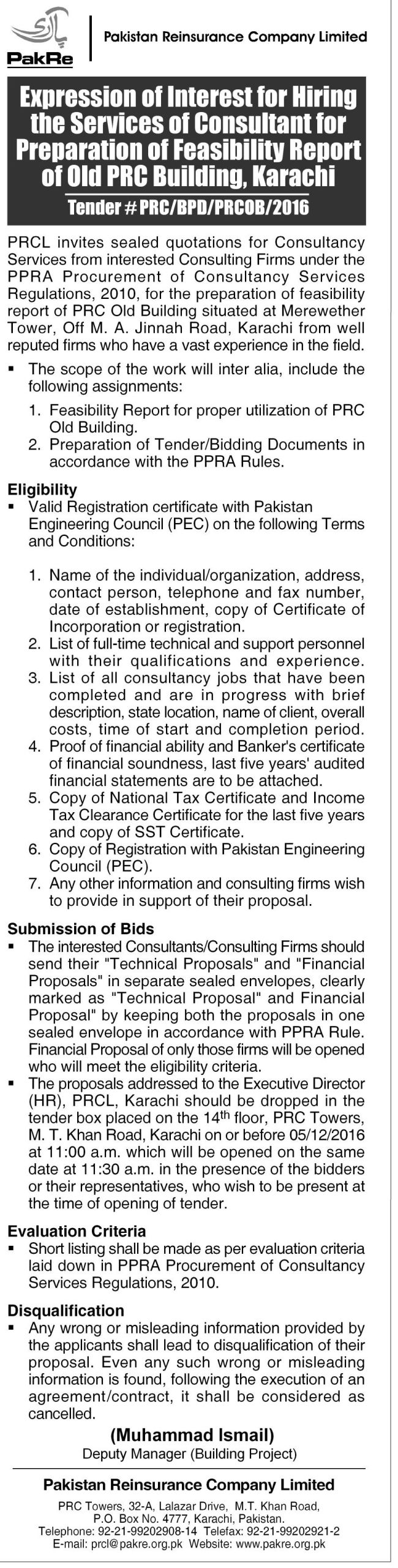 Expression of interest for hiring services of consultant for preparation of feasibility report of old PRCL building