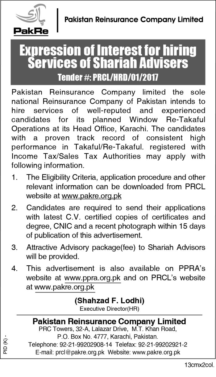 Expression of Interest for hiring Services of Shariah Advisers