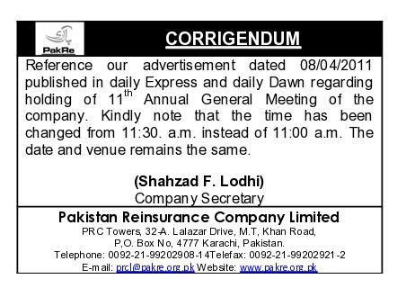 Corrigendum for correction in time of 11th AGM