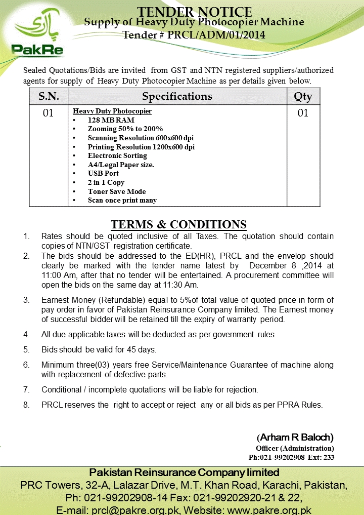 Tender notice for photo copier machine