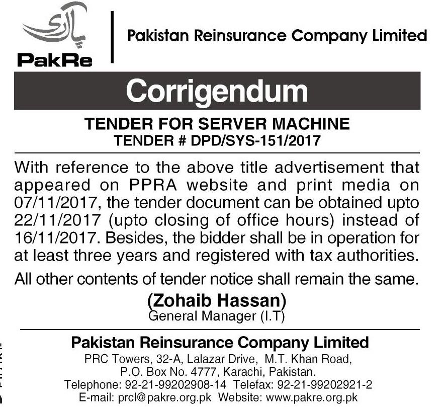 Corigendum on Tender for Server Machine