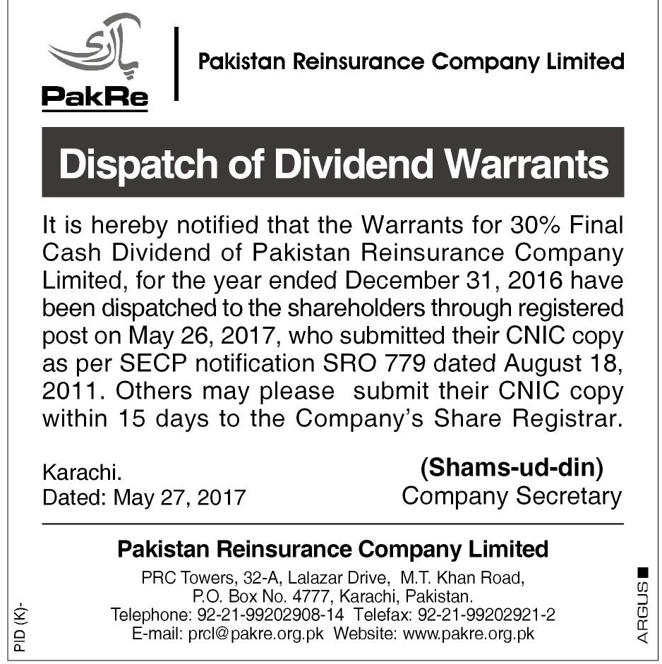 Dispatch of Dividend Warrants