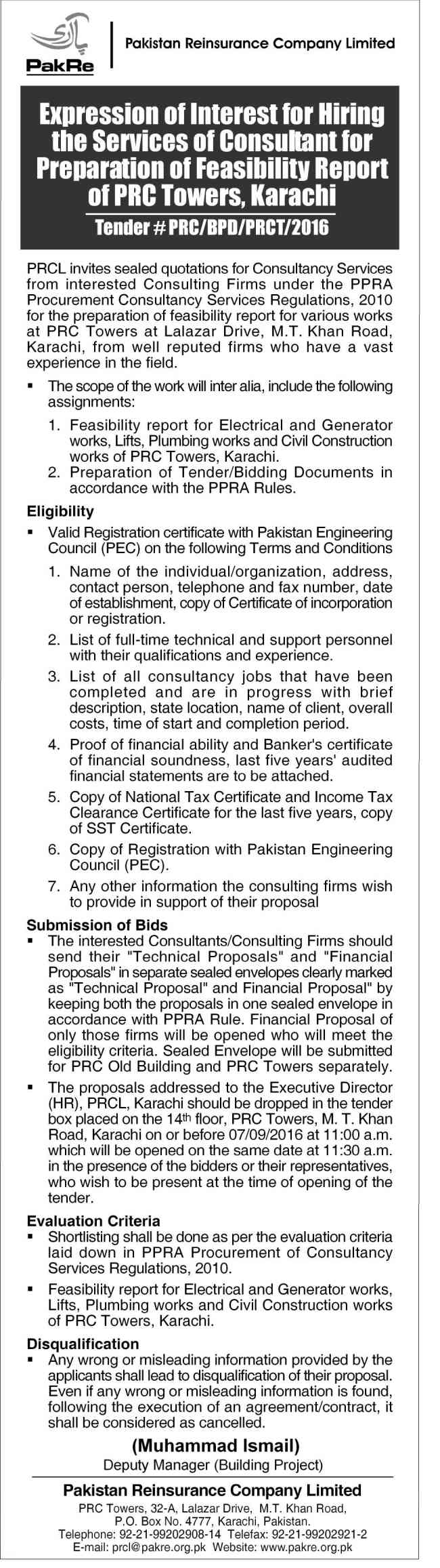Expression of interest for hiring the services of consultant for PRC Towers 2016