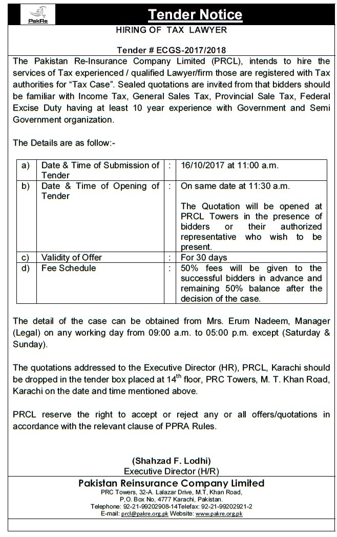 Tender notice for hiring of Tax Lawyer