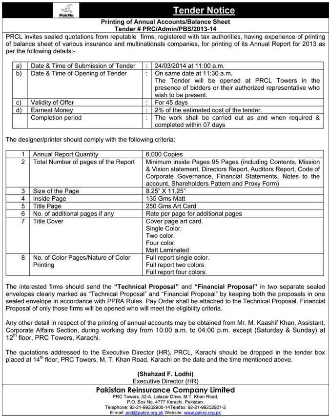 tender for printing of annual accounts 2013