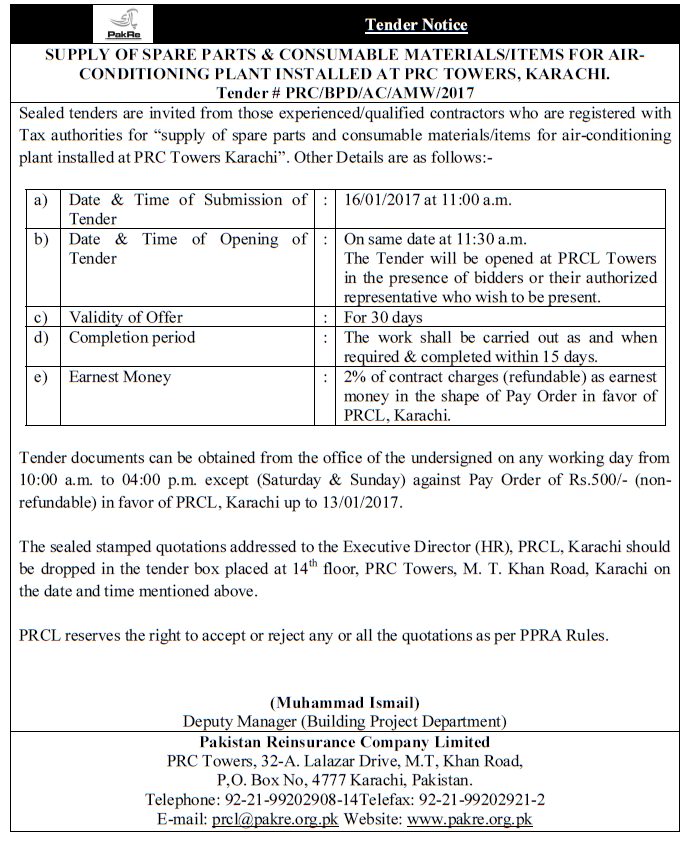 Tender for supply of spare parts and consumable materials for AC Plant_Dec 2016