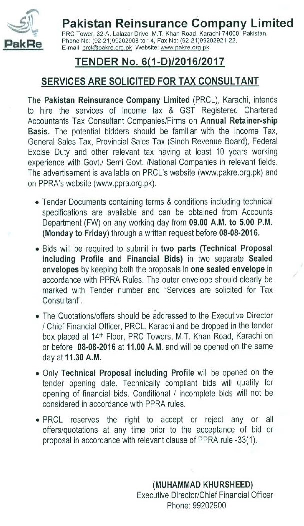 Tender for services of tax consultant 19 Jul 2016