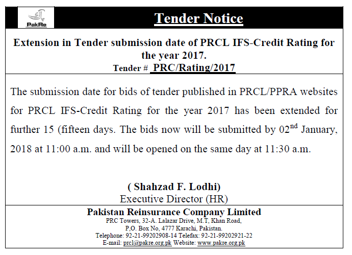 Extension in tender submission date of PRCL-IFS Credit Rating for 2017