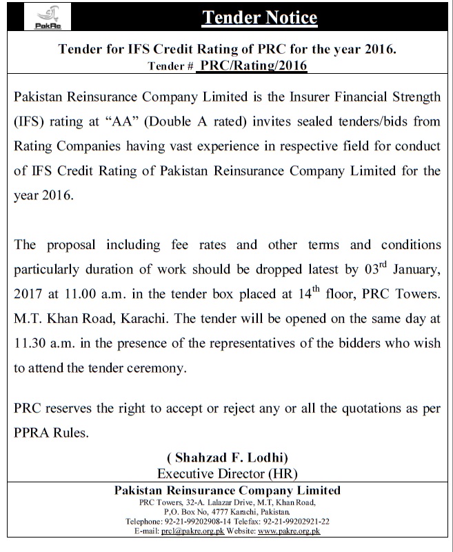 Tender notice for IFS Credit rating of PRCL for the year 2016
