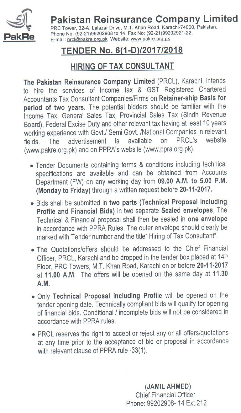 Tender for hiring of Tax Consultant