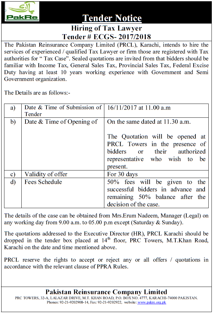 Tender notice for hiring of lawyer