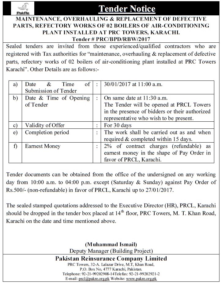Tender notice for maintenance, overhauling, replacement of boilers of AC Plant_Jan 2017