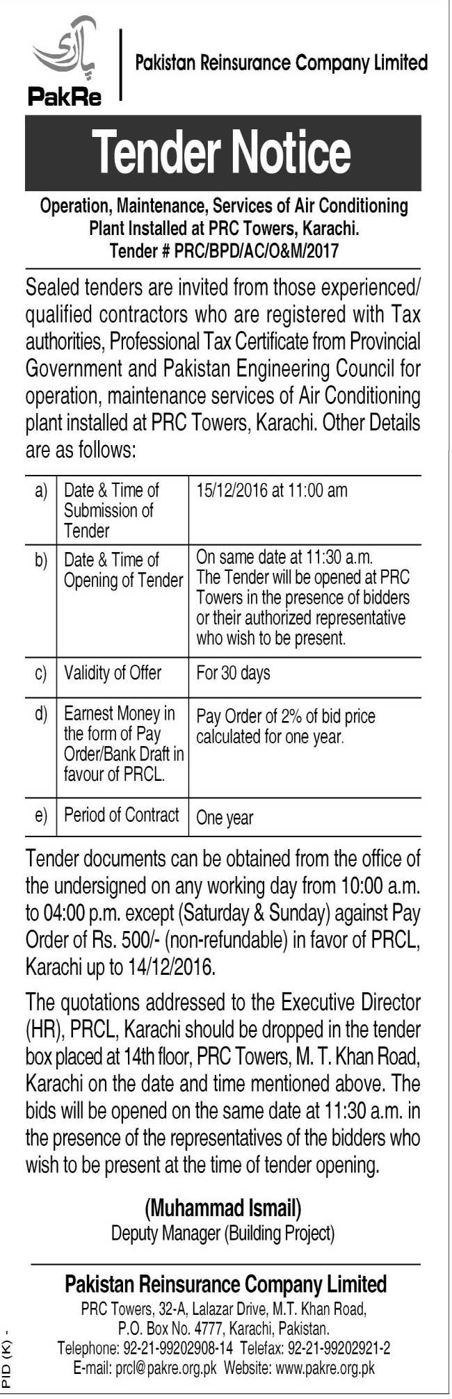 Tender notice for operation, maintenance and service of AC Plant_29 11 2016