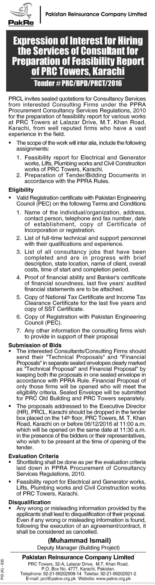 EOI for hiring services of consultant for preparation of feasibility report of PRC Towers